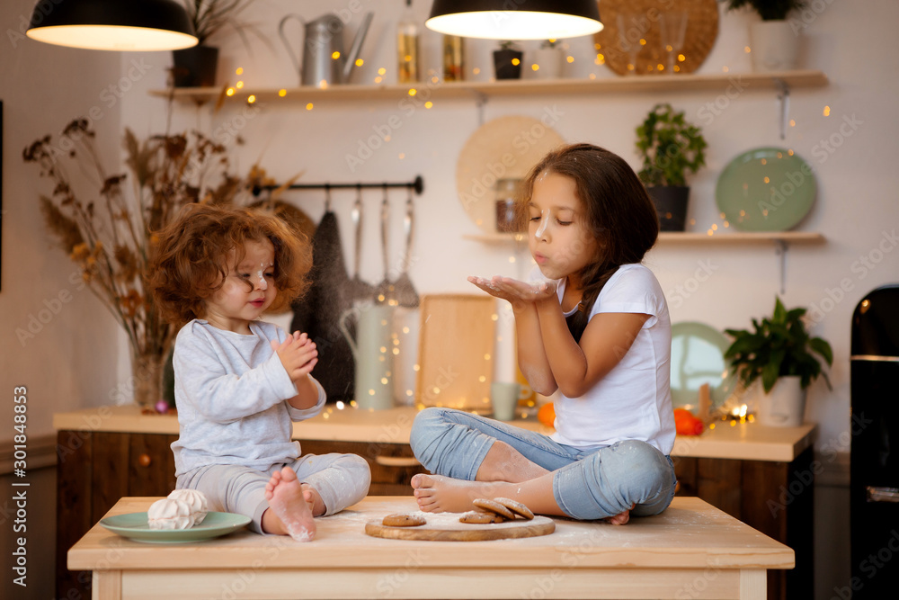 two little girls prepare Christmas cookies in the kitchen two little girls prepare Christmas cookies in the kitchen