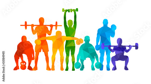 Detailed vector illustration silhouettes strong rolling people set girl and man sport fitness gym body-building workout powerlifting health training dumbbells barbell. Healthy lifestyle