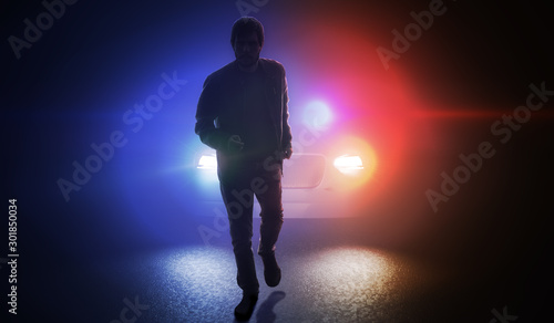 Принти на полотні Silhouette of man running away from police car at night.
