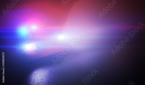 Police car with emergency siren at night. 3D rendered illustration.