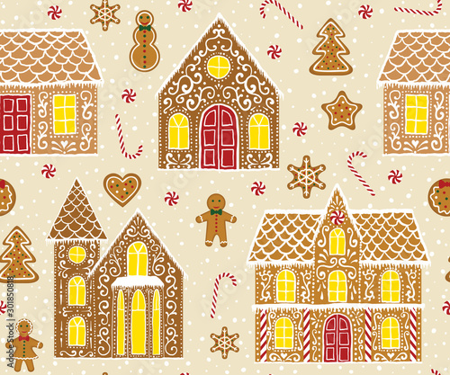 Christmas gingerbread seamless pattern with gingerbread houses on beige background