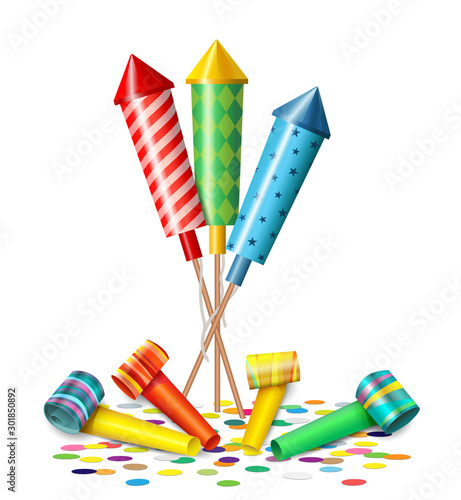 Feuerwerks-Raketen mit bunte Tröten und Konfettis, Partyspass und Party Zubehör, Vektor Illustration isoliert auf weißem Hintergrund
