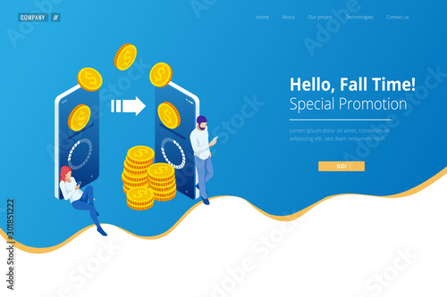 Isometric Cashback and Saving Money Concept. Money Refund. Digital Payment or Online Cashback Service. Electronic invoice.