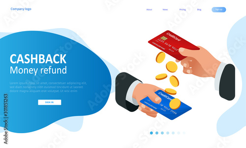 Isometric Cashback and Saving Money Concept. Money Refund. Digital Payment or Online Cashback Service. Electronic invoice.