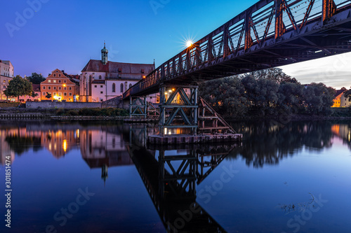 Regensburg historic center at night with river danube