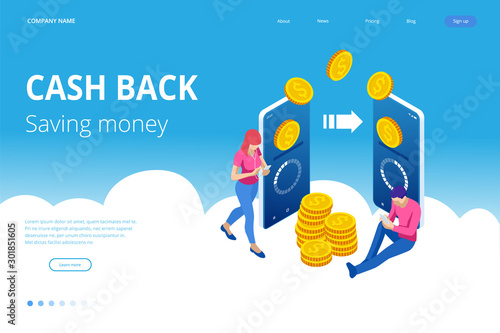 Isometric Cashback and Saving Money Concept. Money Refund. Digital Payment or Online Cashback Service. Electronic invoice.