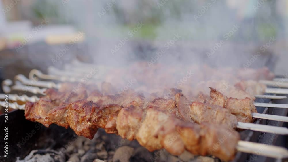 Barbecue, meat fried on a fire, close-up. Barbecue, meat fried on a fire, close-up.