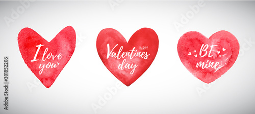 Watercolor vector heart shapes set. Lettering I love you, Be mine. Hand drawn Happy Valentines day templates, painted design elements, greeting cards. Watercolour hearts with stains collection.