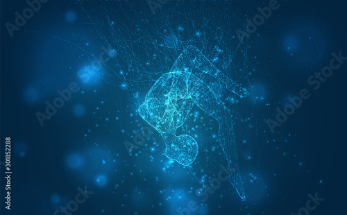 vector blue background, fragile female figure dancing tangled