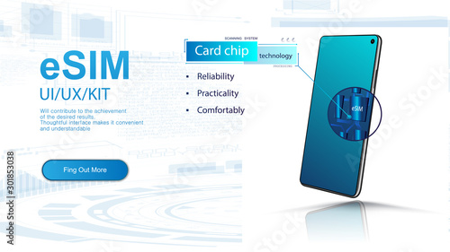 eSIM card-chip. Embedded SIM concept. Hi-tech mobile communication. Smartphone which is visible through the housing and the integrated eSIM chip is visible. White Vector illustration. Embedded SIM.