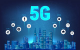 5G wireless internet Wi-fi connection. Modern city skyline and 5g Internet with aspects of benefits. Communication internet of things. 3D futuristic banner. Vector illustration, infographic banner.