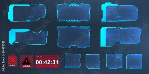 Head Up Display interface screens. Futuristic data panels, informative frames in HUD style. High tech screen for video game, GUI. Sci, sky-fi Elements. Vector set HUD interface frames.