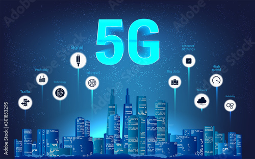 5G wireless internet Wi-fi connection. Modern city skyline and 5g Internet with aspects of benefits. Communication internet of things. 3D futuristic banner. Vector illustration, infographic banner.
