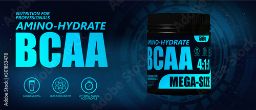 BCAA container with hi-tech background. New formula, Set of branched chain amino acids. Sport nutrition BCAA. 3D realistic mockup. Vector illustration product packaging