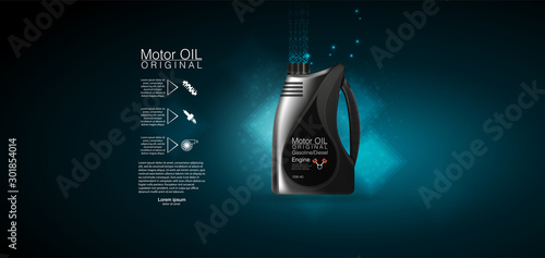 Bottle engine oil Canister of engine motor oil, full synthetic clinging molecules protection. Vector illustration with realistic canister and motor oil splashes on bright background.