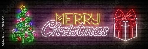 Glow Greeting Card with Christmas Tree, Gifts and Inscription
