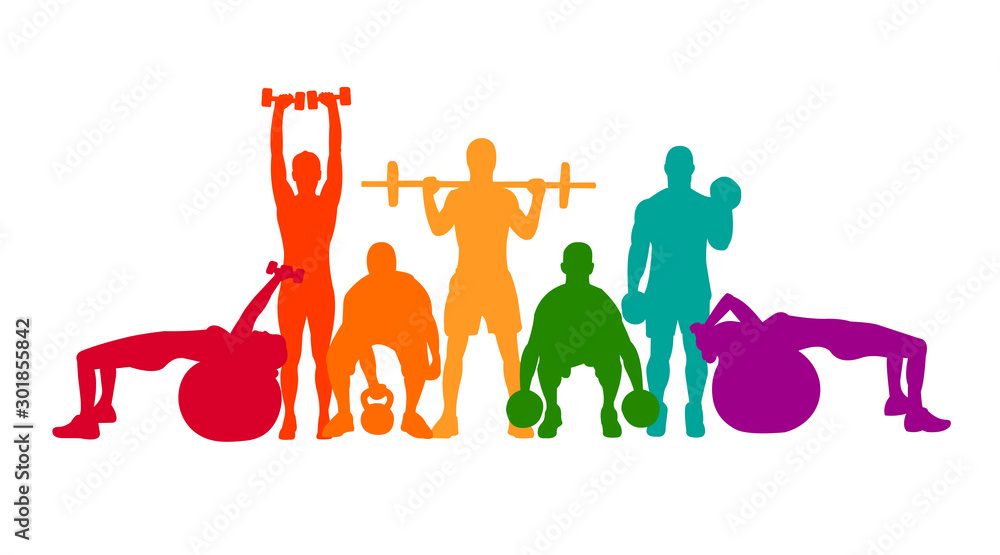 Detailed vector illustration silhouettes strong rolling people set girl and man sport fitness gym body-building workout powerlifting health training dumbbells barbell. Healthy lifestyle - obrazy, fototapety, plakaty 