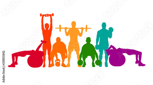 Detailed vector illustration silhouettes strong rolling people set girl and man sport fitness gym body-building workout powerlifting health training dumbbells barbell. Healthy lifestyle