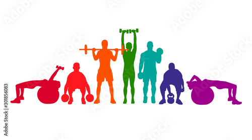 Detailed vector illustration silhouettes strong rolling people set girl and man sport fitness gym body-building workout powerlifting health training dumbbells barbell. Healthy lifestyle
