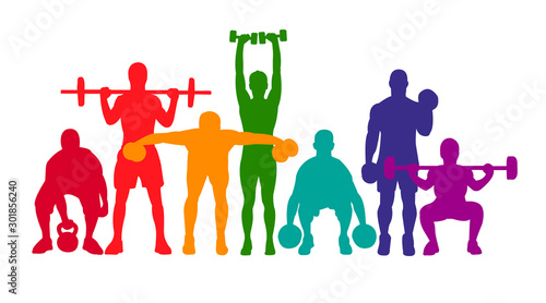 Detailed vector illustration silhouettes strong rolling people set girl and man sport fitness gym body-building workout powerlifting health training dumbbells barbell. Healthy lifestyle