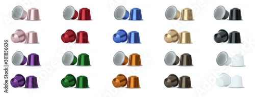 Colored coffee capsules on white background. photo