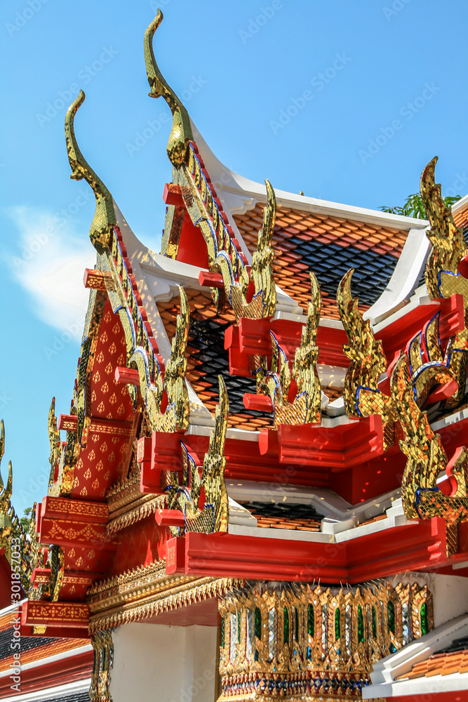 Naklejka premium 2011.05.16, Bangkok, Thailand. Elements of pavilions of the Grand Palace complex. Ancient architecture of Asia. Sights of Bangkok. 