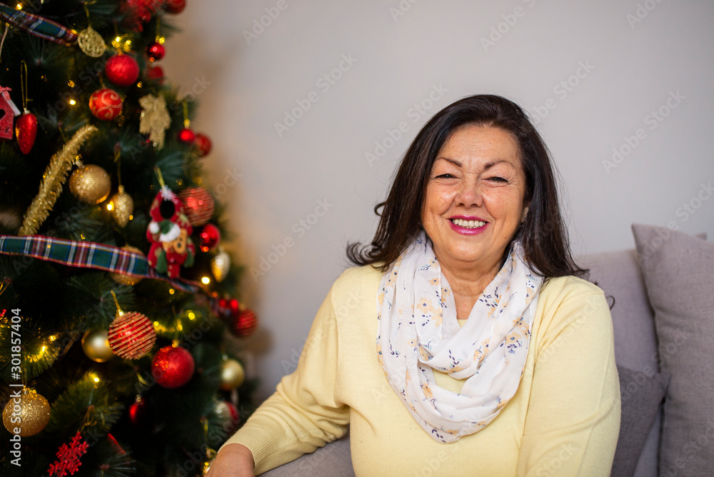 Portrait of senior woman at home. Happy grandmother at home. Senior adult woman sitting next to christmas tree. Portrait Of Senior Woman Sitting On Sofa In Lounge At Home On Christmas Day