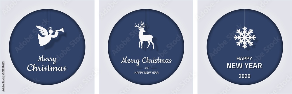 set of square Christmas and new year greeting cards with snowflake, angel and deer on blue background - obrazy, fototapety, plakaty 