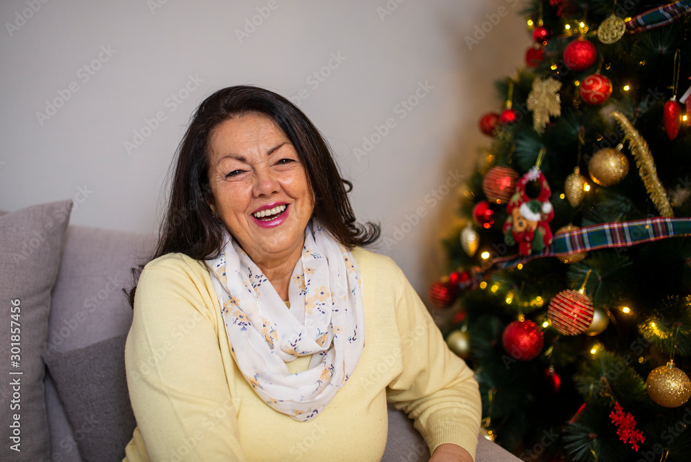 Portrait Of Senior Woman Sitting On Sofa In Lounge At Home On Christmas Day. Waiting Christmas. A happy senior woman sitting on a couch with a Christmas tree behind her