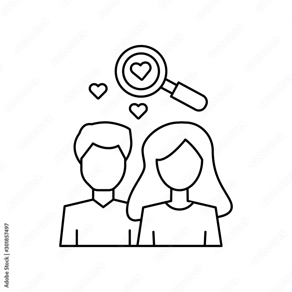 Man woman search heart icon. Simple line, outline vector of having feelings icons for ui and ux, website or mobile application Man woman search heart icon. Simple line, outline vector of having feelings icons for ui and ux, website or mobile application