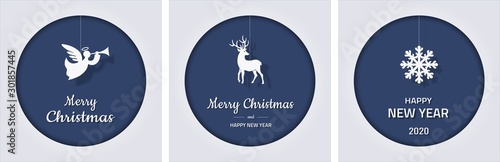 set of square Christmas and new year greeting cards with snowflake, angel and deer on blue background