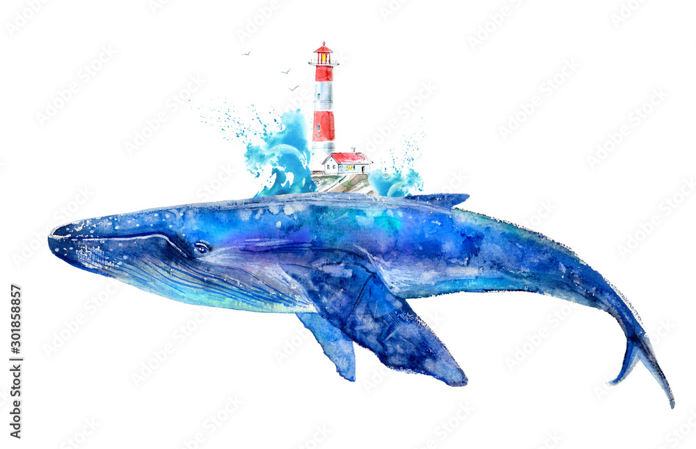 Fototapeta premium Duży płetwal błękitny, fala i latarnia morska. Krajobraz. Akwarela ręcznie rysowane ilustracji. Podwodne sztuki zwierząt.
