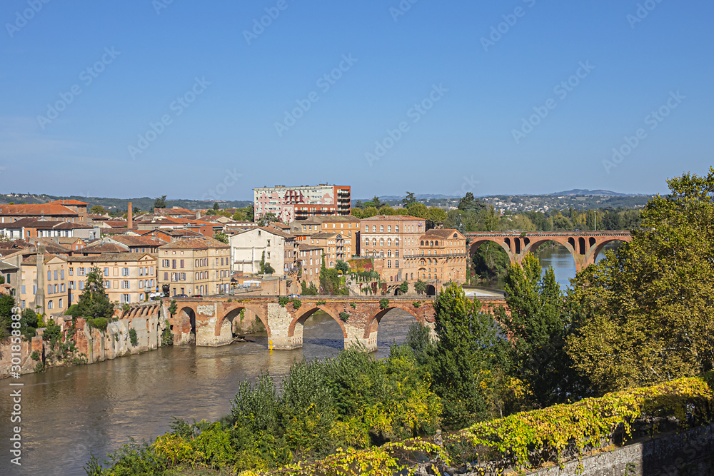 Panoramic view of the Episcopal City of Albi and the River Tarn. Albi, Midi-Pyrenees, France.