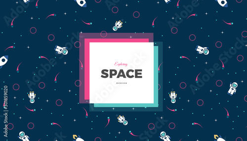 Space exploration creative background design with Astronaut, Rocket, Comet and Stars in cosmos. Cute bright color template for website page or banner vector illustration