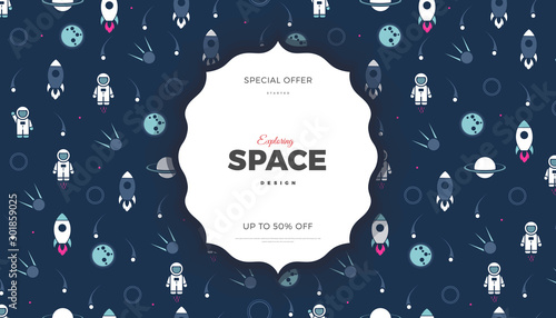 Space exploration creative background design with Planets, Astronaut, Rocket, Comet and Stars in cosmos. Cute blue color template for website page or banner vector illustration