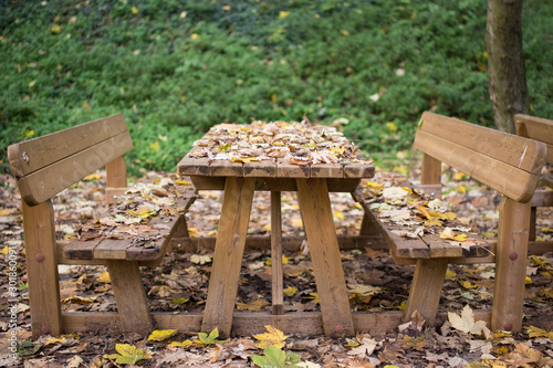 Tavolo e panche da picnic di legno coperti da foglie autunnali