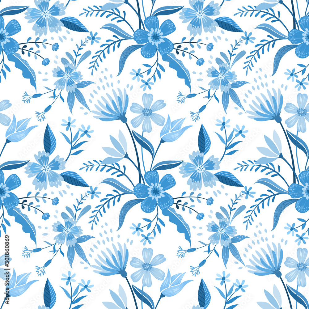 Seamless pattern with blue flowers on a white background. Seamless pattern with blue flowers on a white background.