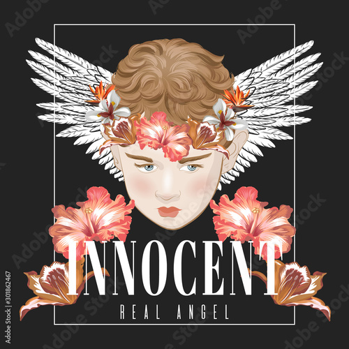 Innocent. Real angel. Vector hand drawn illustration of boy with flowers isolated. Creative  artwork. Template for card, poster, banner, print for t-shirt, pin, badge, patch.