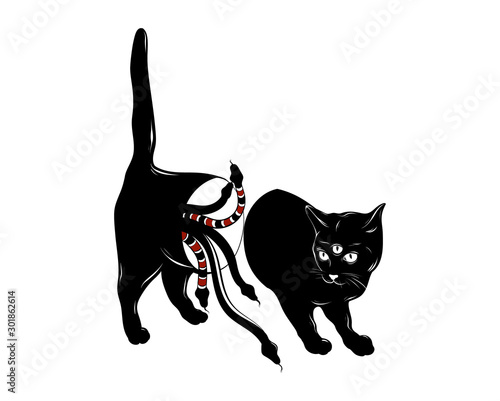 Vector hand drawn illustration of cat with three eyes and snakes isolated. Creative tattoo artwork. Template for card, poster, banner, print for t-shirt, pin, badge, patch.