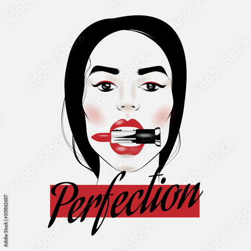 Perfection. Vector hand drawn illustration of girl biting pomade isolated. Creative  artwork. Template for card, poster, banner, print for t-shirt, pin, badge, patch.