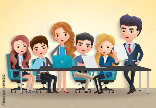 Business conference vector characters concept. Business characters office employee team meeting in conference for marketing sales in yellow empty room background. Vector illustration.