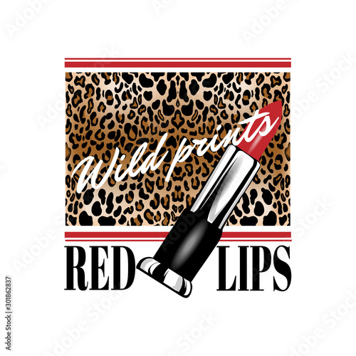 Wild prints red lips. Vector hand drawn illustration of pomade with animalistic background isolated. Creative  artwork. Template for card, poster, banner, print for t-shirt, pin, badge, patch.