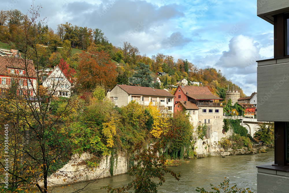 View of old town and Aare river on a sunny autumn day. Town of Brugg, Swiss canton of Aargau, Switzerland. View of old town and Aare river on a sunny autumn day. Town of Brugg, Swiss canton of Aargau, Switzerland.