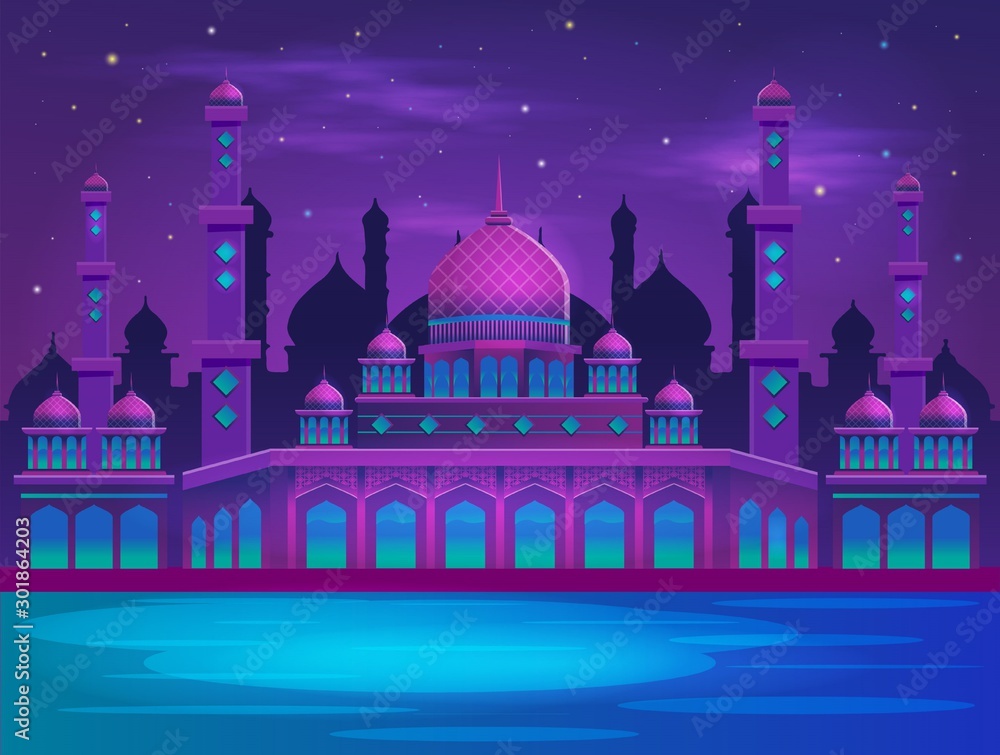 Muslim Mosque in the Night Background Vector