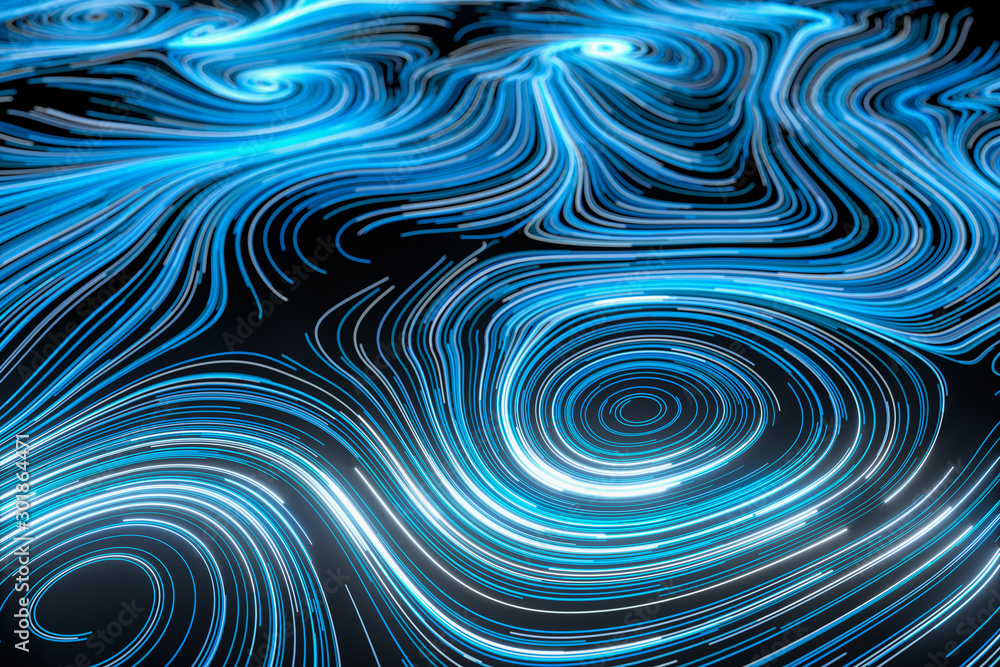 Vortical line pattern, glowing particles trails, 3d rendering. Vortical line pattern, glowing particles trails, 3d rendering.