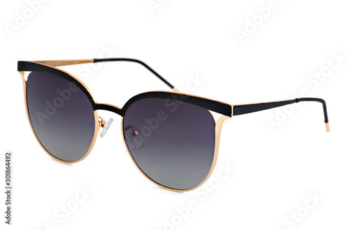side view of modern sunglasses isolated on white background