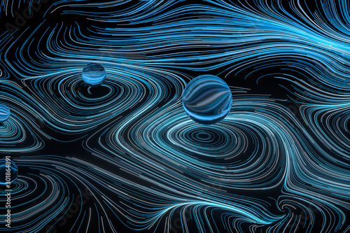 Vortical line pattern, glowing particles trails, 3d rendering.