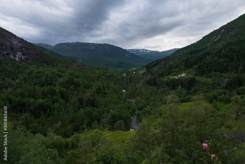View on Naeroydalen valley from road Stalheimskleiva Stalheim, Voss, Hordaland, Norway . July 2019