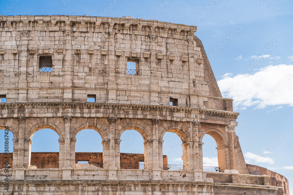 Coliseum or Colosseum or Flavian Amphitheatre exterior wall, close up, Rome, Italy.