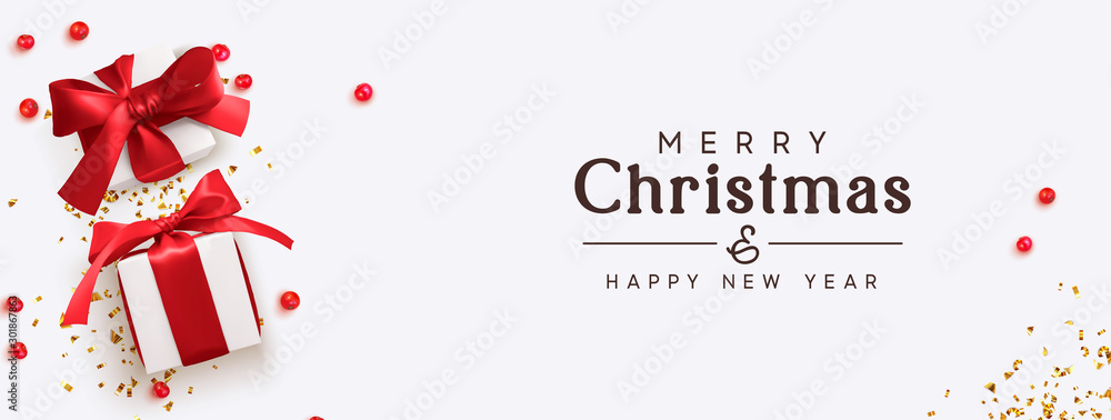 Merry Christmas and Happy New Year. Background with realistic festive gifts box. Xmas present. red berries balls, glitter red confetti. Horizontal festive poster, headers for website - obrazy, fototapety, plakaty 